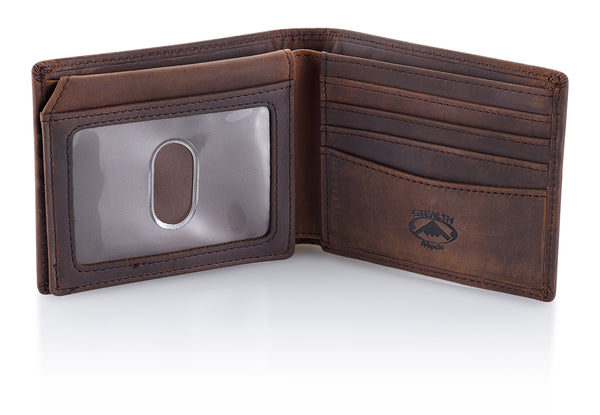 Brown Bifold Wallet for Men With ID Window and RFID Blocking - Stealth Mode  Leather