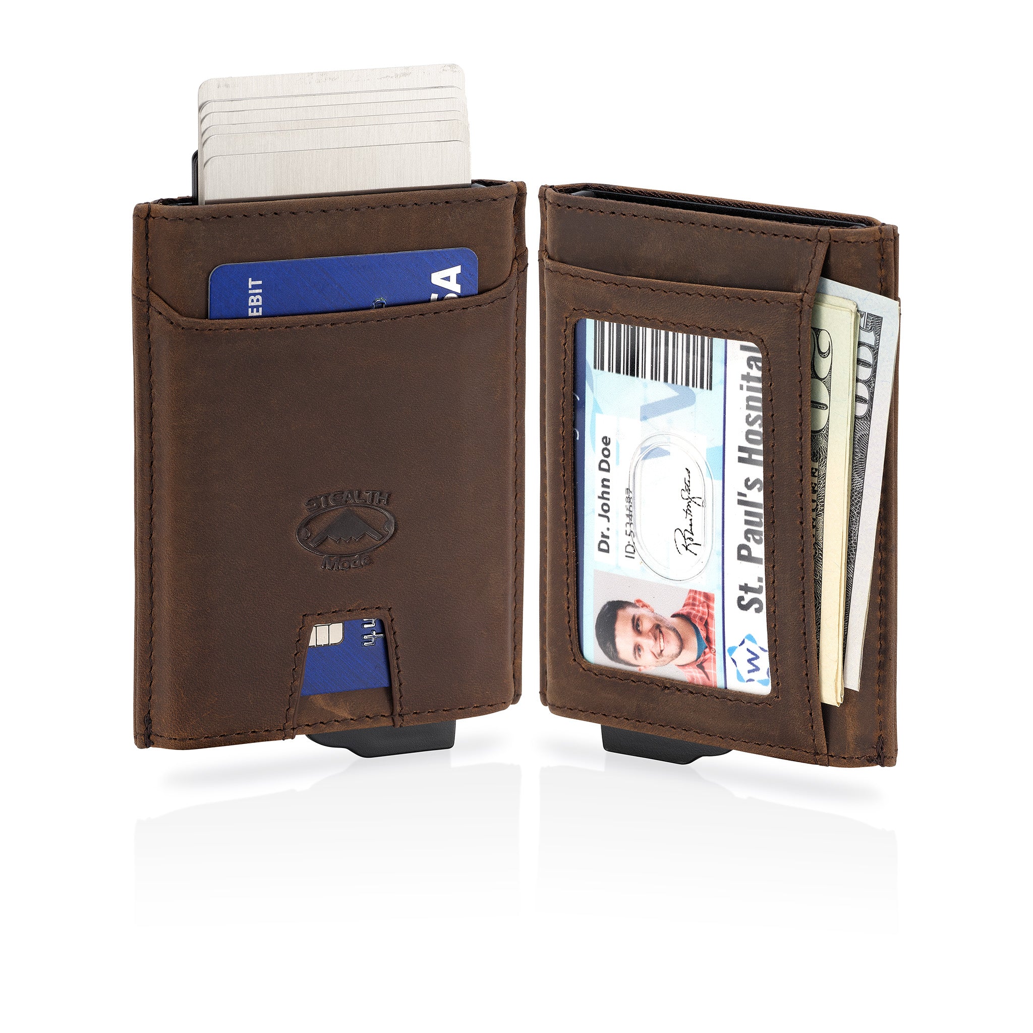 Pop-Up Metal Wallet - RFID Blocking Front Slim Wallet for Men - Minimalist Napa Leather Men's Wallet With 8 Card Holders, ID Card Holder With Clear Window & Bills Pocket - (Brown)