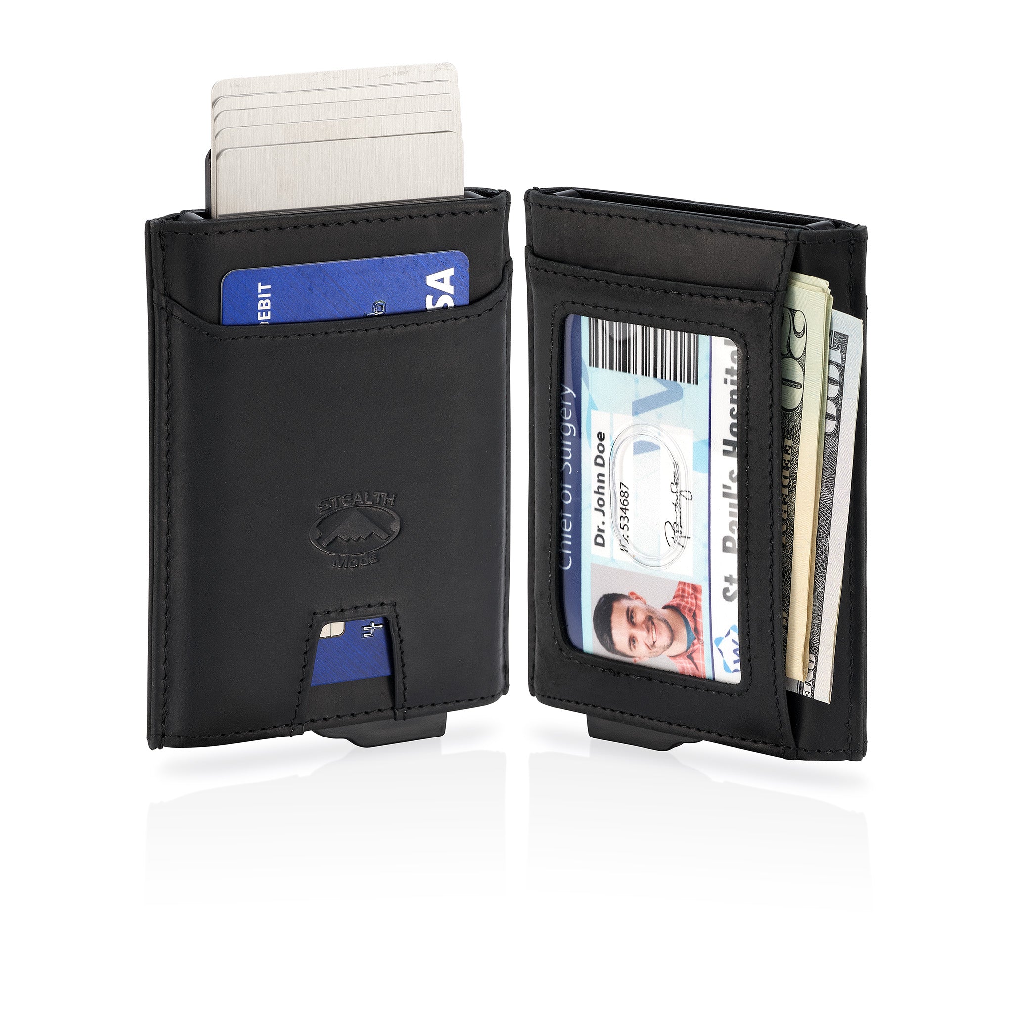 Pop-Up Metal Wallet - RFID Blocking Front Slim Wallet for Men - Minimalist Napa Leather Men's Wallet With 8 Card Holders, ID Card Holder With Clear Window & Bills Pocket - (Black)
