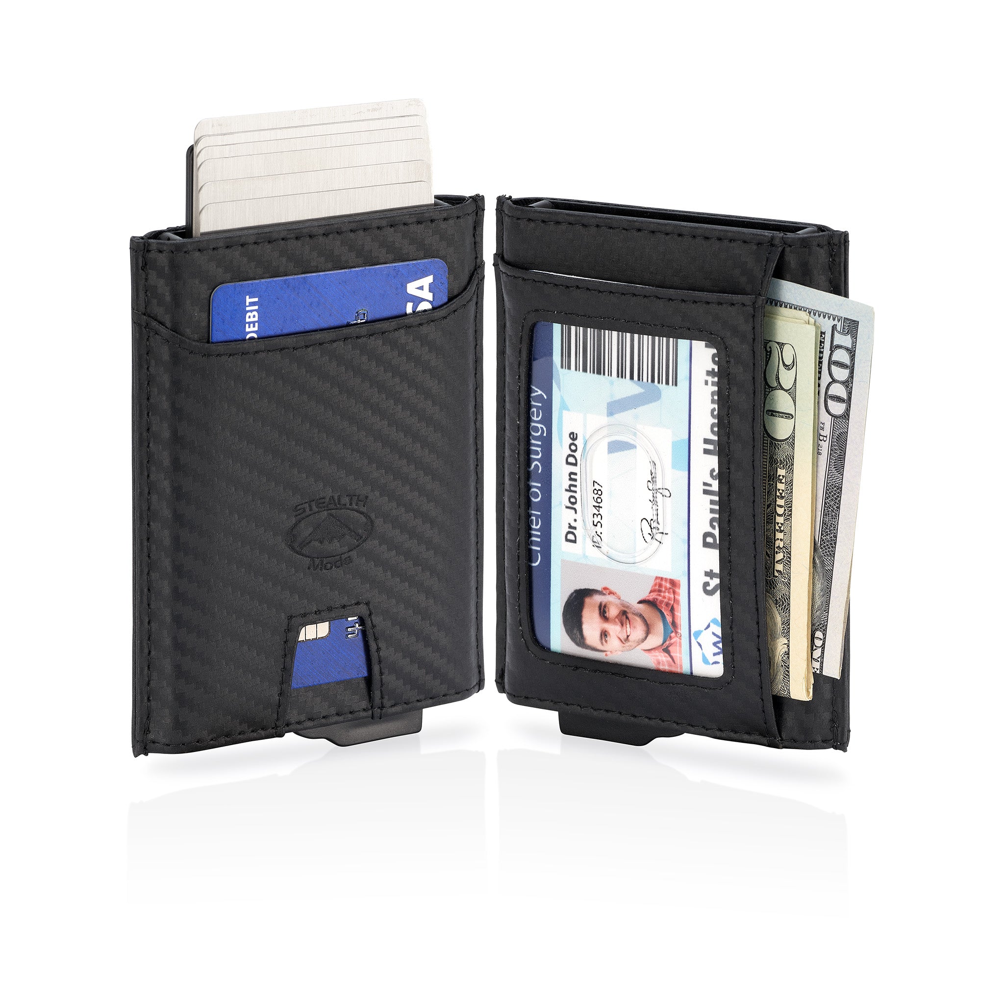 Pop-Up Metal Wallet - RFID Blocking Front Slim Wallet for Men - Minimalist Napa Leather Men's Wallet With 8 Card Holders, ID Card Holder With Clear Window & Bills Pocket - (Carbon Fiber)