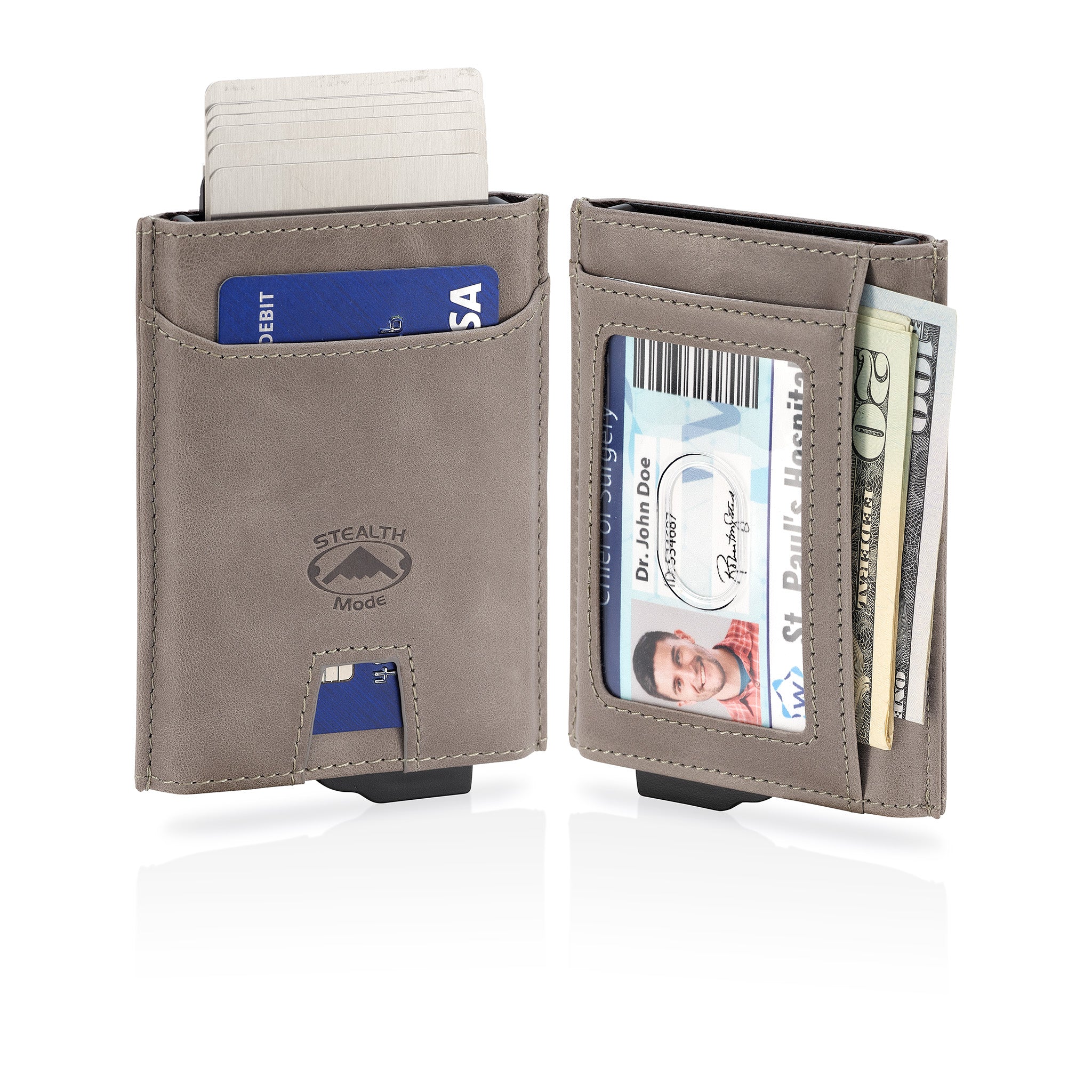 Pop-Up Metal Wallet - RFID Blocking Front Slim Wallet for Men - Minimalist Napa Leather Men's Wallet With 8 Card Holders, ID Card Holder With Clear Window & Bills Pocket - (Grey)