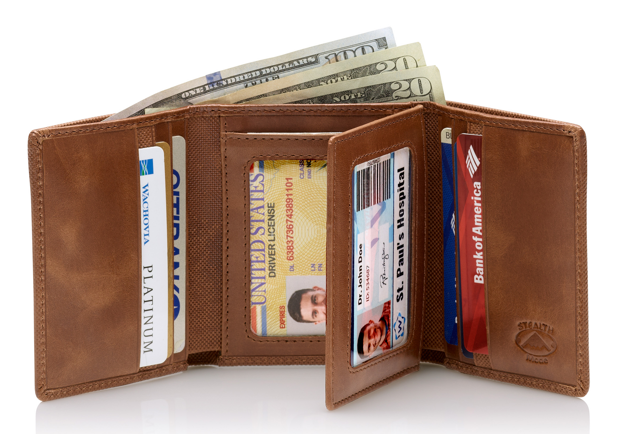 Stealth Mode Leather Trifold RFID Wallet For Men With Flip Out ID Holder (Brown Crunch)