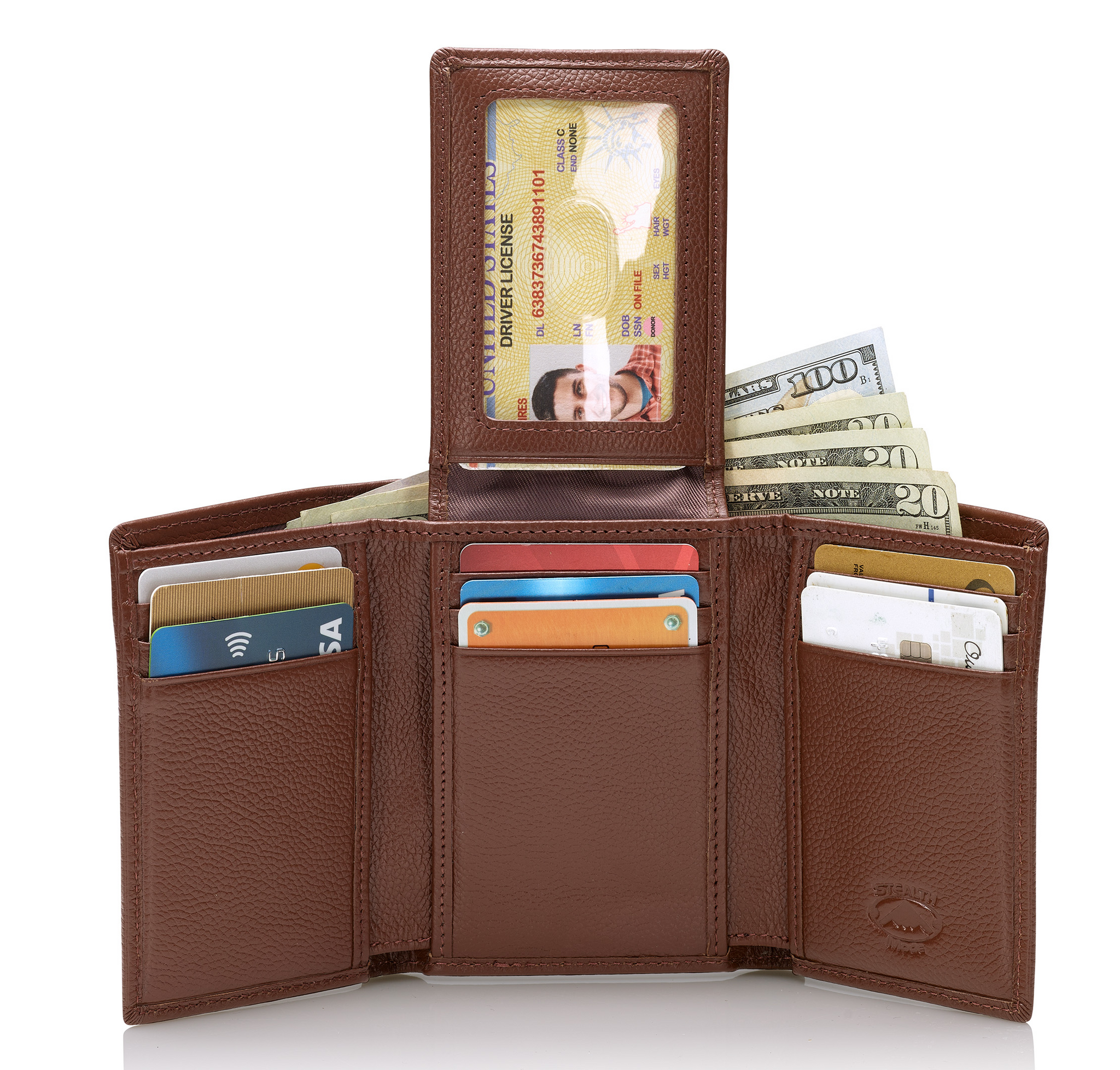 Stealth Mode Trifold Wallet - RFID Blocking Wallet with Flip ID Holder - Leather Case for Money, Credit Cards - Mens Organizer, Divided Billfold, Identity Protection - Men's Gifts (Brown Pebble)