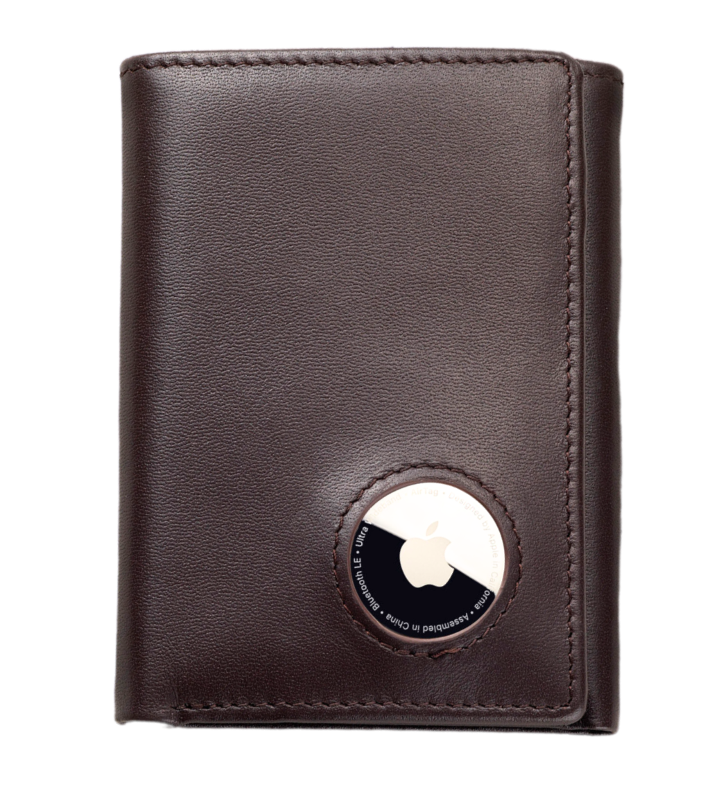 Stealth Mode Men's Leather Trifold Wallet with Airtag Holder and RFID Blocking (Coffee)