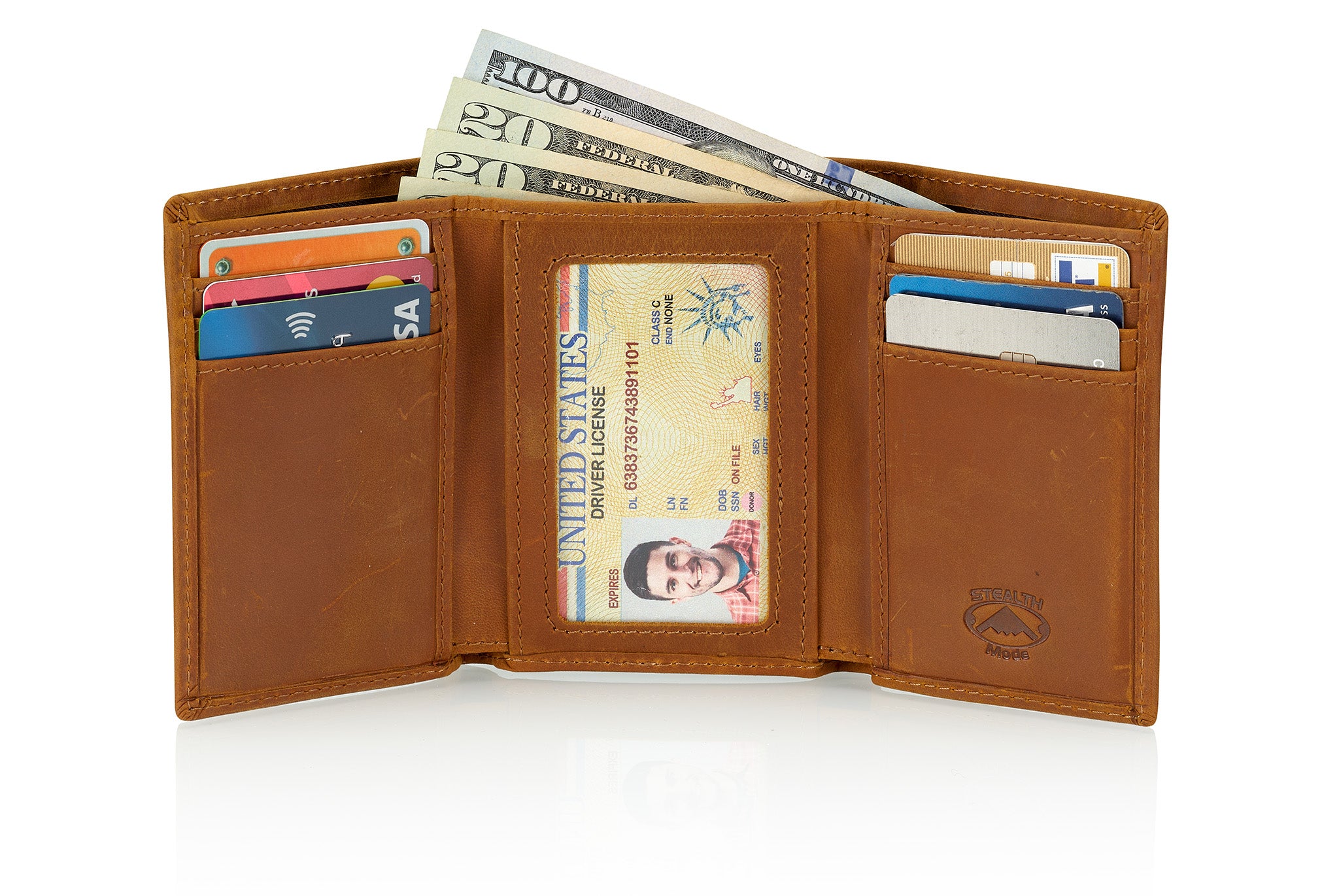 Light Brown Trifold Leather Wallet With RFID Blocking and ID Window