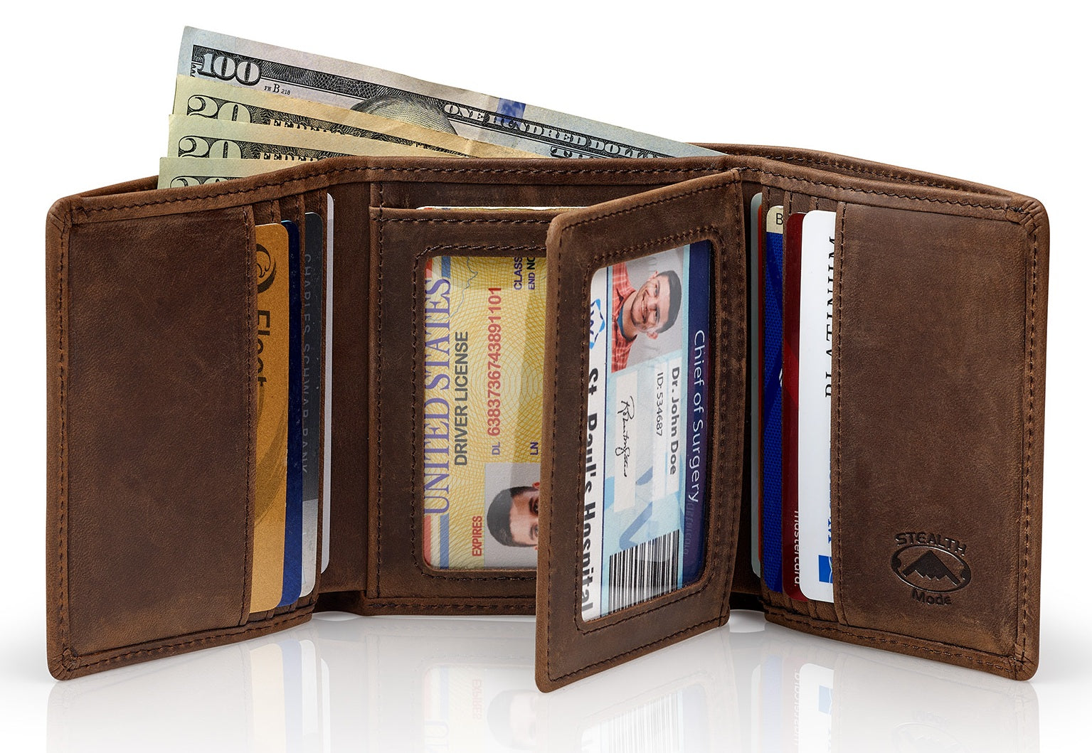 Trifold Leather Wallet With RFID Blocking and ID Window (Crazy Horse Leather)