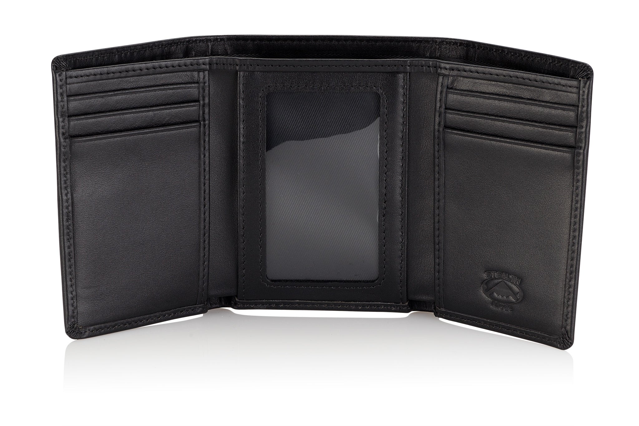 Stealth Mode Men's Leather Trifold Wallet with Airtag Holder and RFID Blocking (Black)