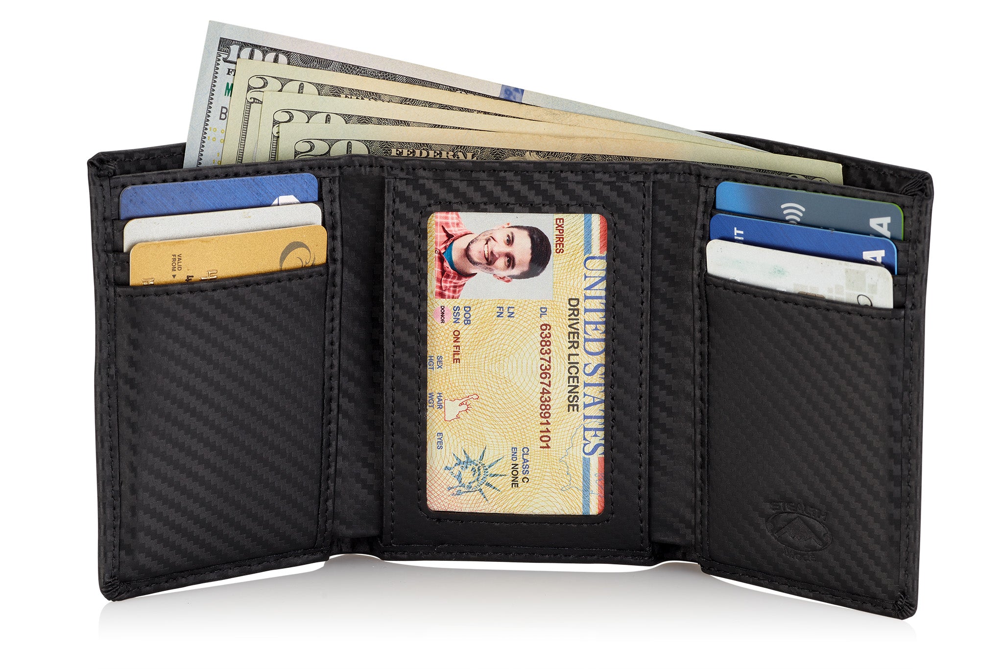Stealth Mode Men's Leather Trifold Wallet with Airtag Holder and RFID Blocking (Carbon Fiber)