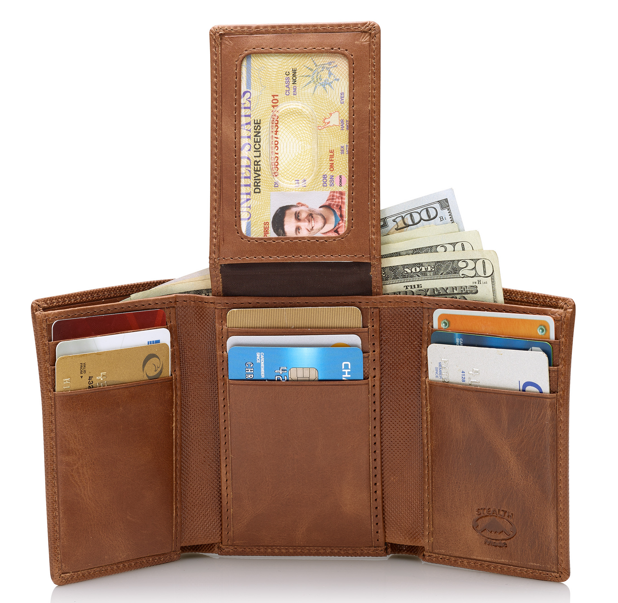 Stealth Mode Trifold Wallet - RFID Blocking Wallet with Flip ID Holder - Leather Case for Money, Credit Cards - Mens Organizer, Divided Billfold, Identity Protection - Men's Gifts (Brown Crunch)