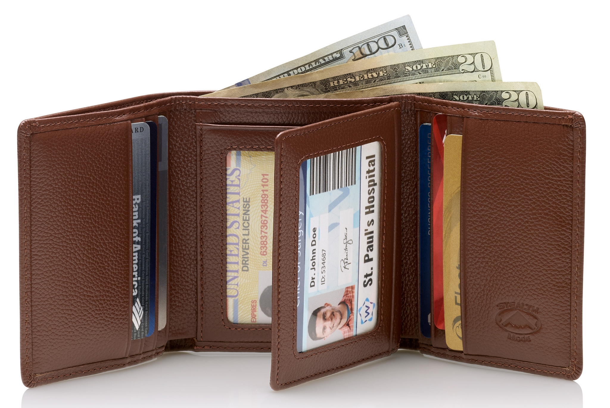 Stealth Mode Leather Trifold RFID Wallet For Men With Flip Out ID Holder (Brown Pebble)