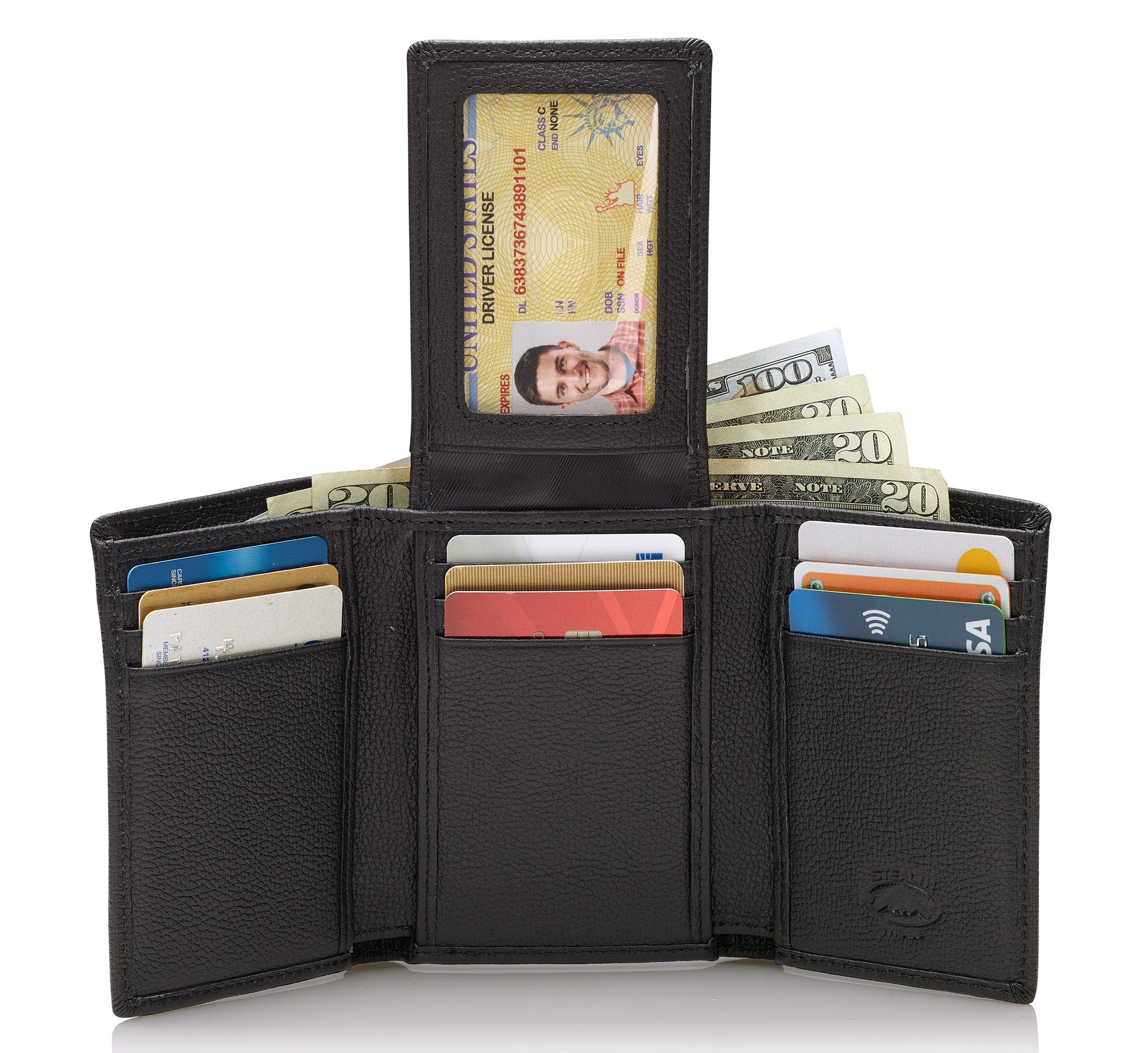 Stealth Mode Trifold Wallet - RFID Blocking Wallet with Flip ID Holder - Leather Case for Money, Credit Cards - Mens Organizer, Divided Billfold, Identity Protection - Men's Gifts (Black Pebble)