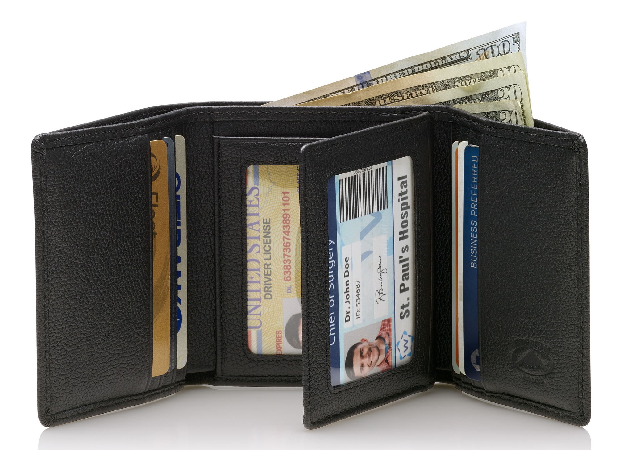 Stealth Mode Leather Trifold RFID Wallet For Men With Flip Out ID Holder (Black Pebble)