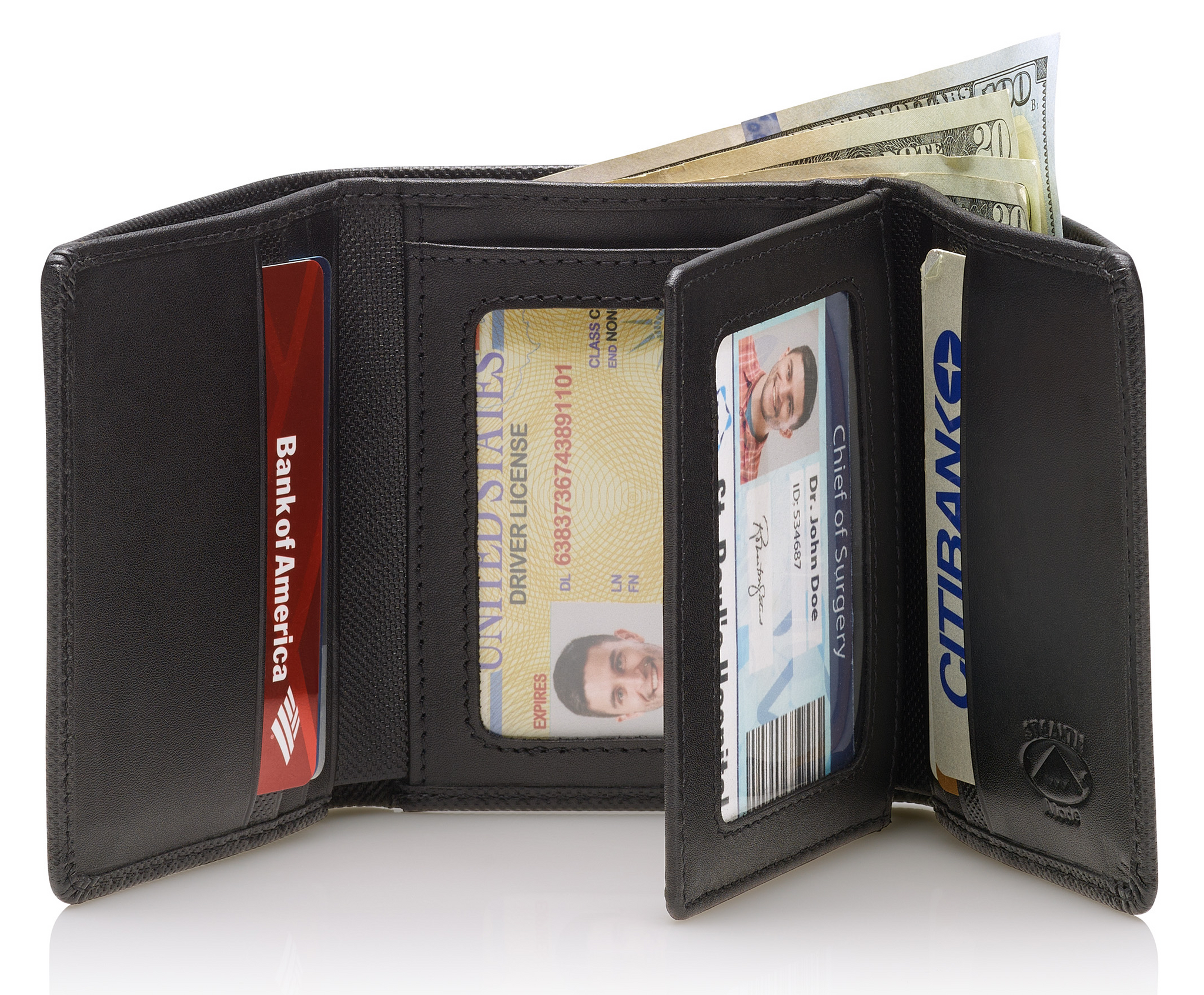 Stealth Mode Leather Trifold RFID Wallet For Men With Flip Out ID Holder (Black Crunch)