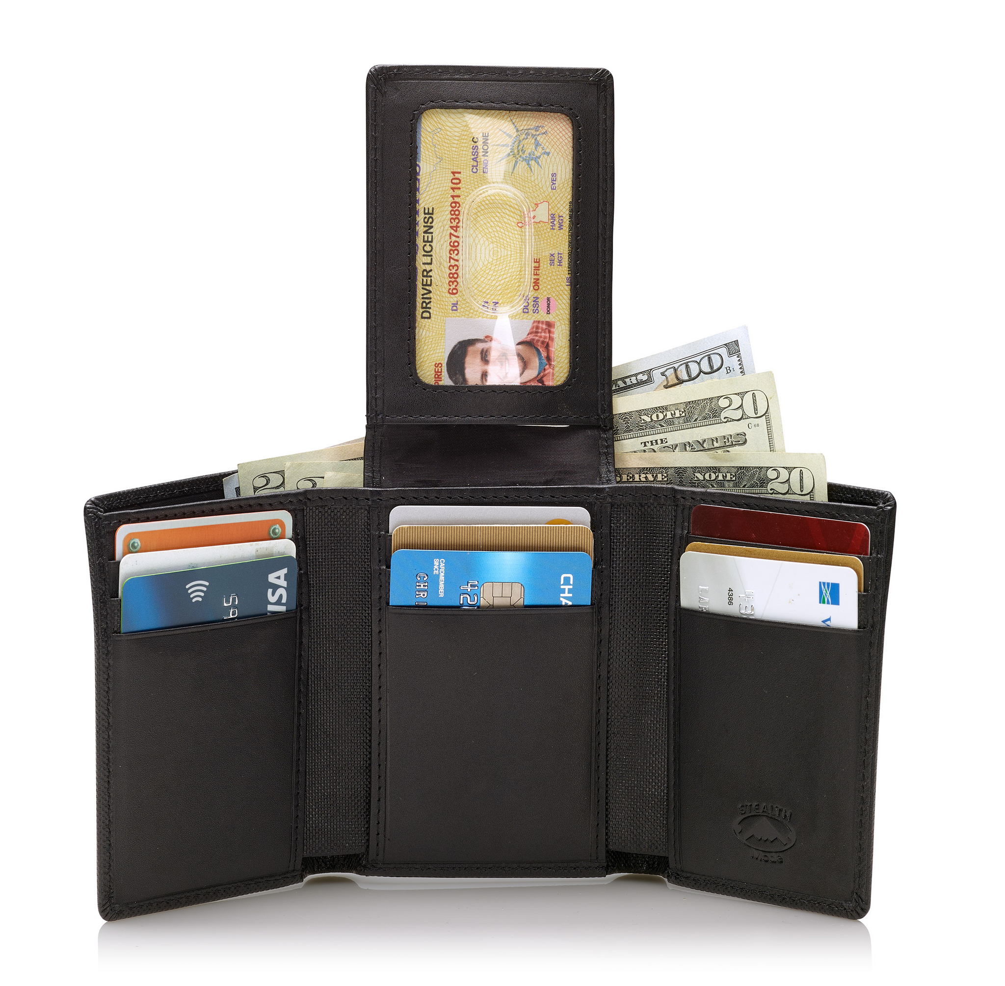Stealth Mode Trifold Wallet - RFID Blocking Wallet with Flip ID Holder - Leather Case for Money, Credit Cards - Mens Organizer, Divided Billfold, Identity Protection - Men's Gifts (Black Crunch)