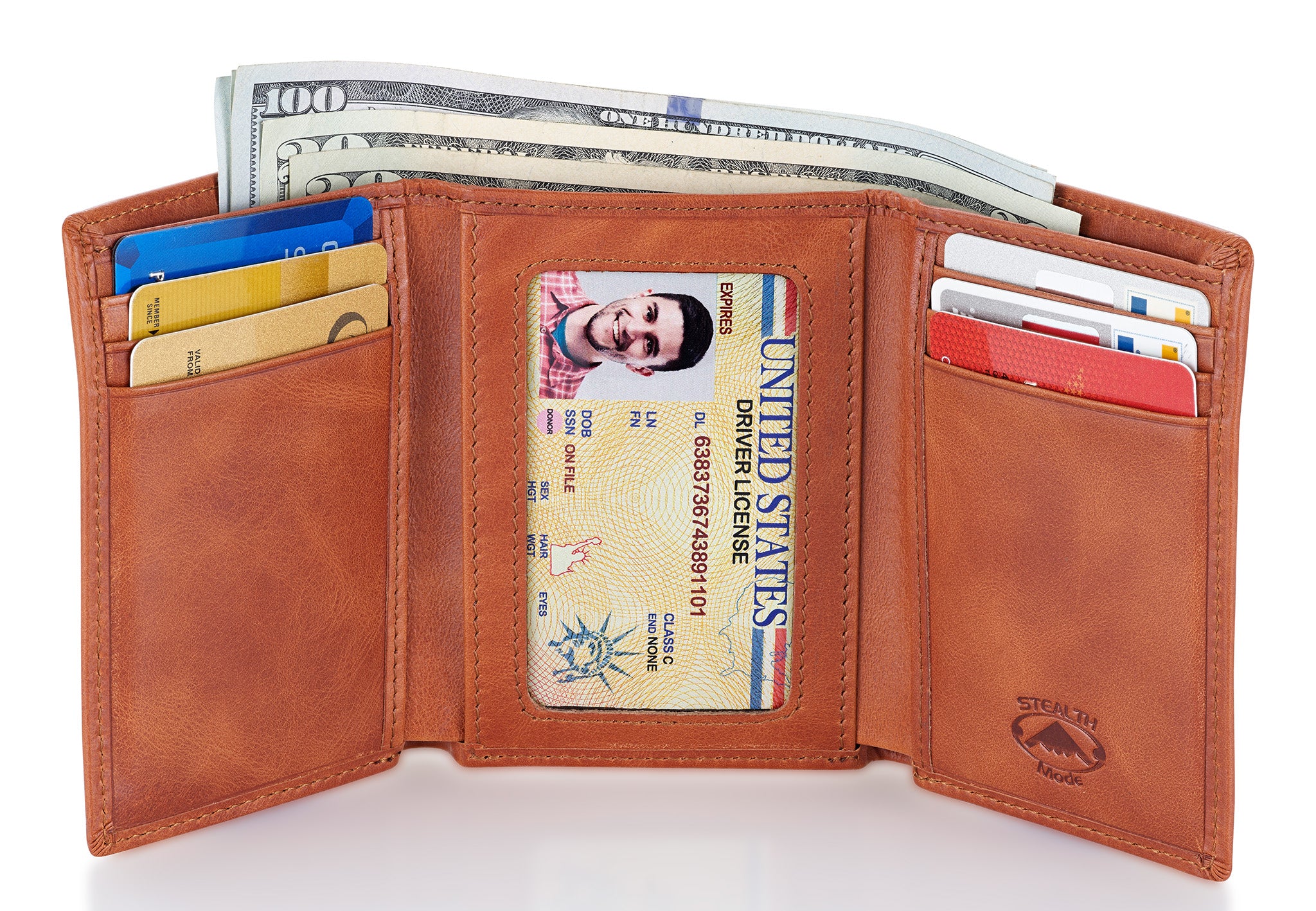 Light Brown Trifold Leather Wallet With RFID Blocking and ID Window