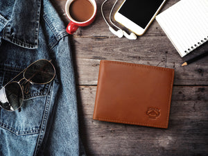Top Leather Men's RFID-Blocking Bifold Wallet – Genuine Leather, 2 ID Windows, Gift Box Included (Brown)