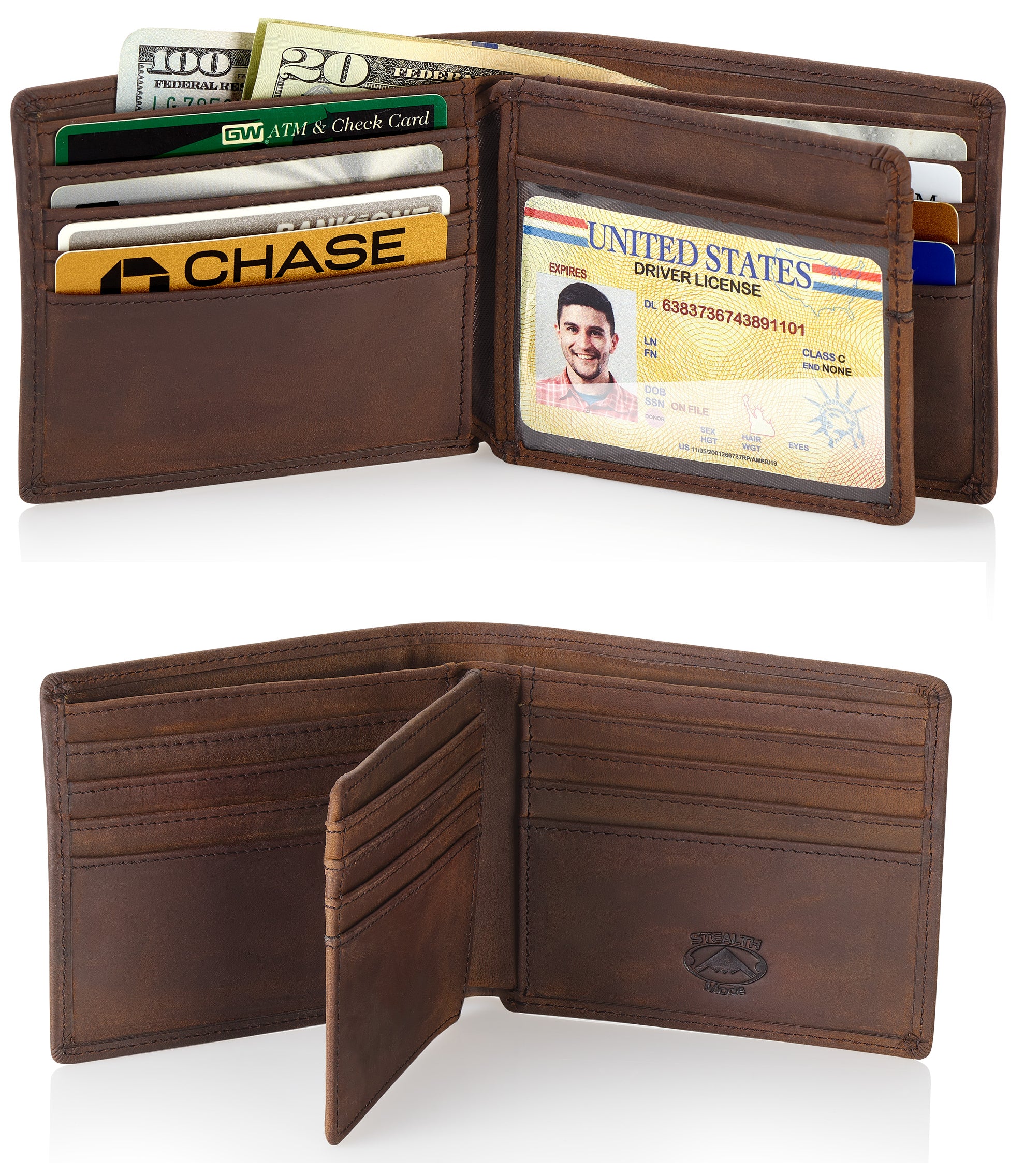 Brown Bifold Wallet with RFID Blocking and Flip Out ID Holder