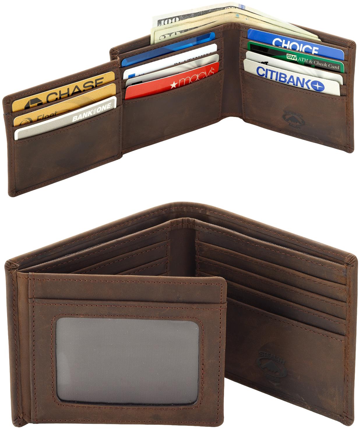 Mens Brown Leather RFID Wallet With Flip Out ID Window and 12 Card Slots