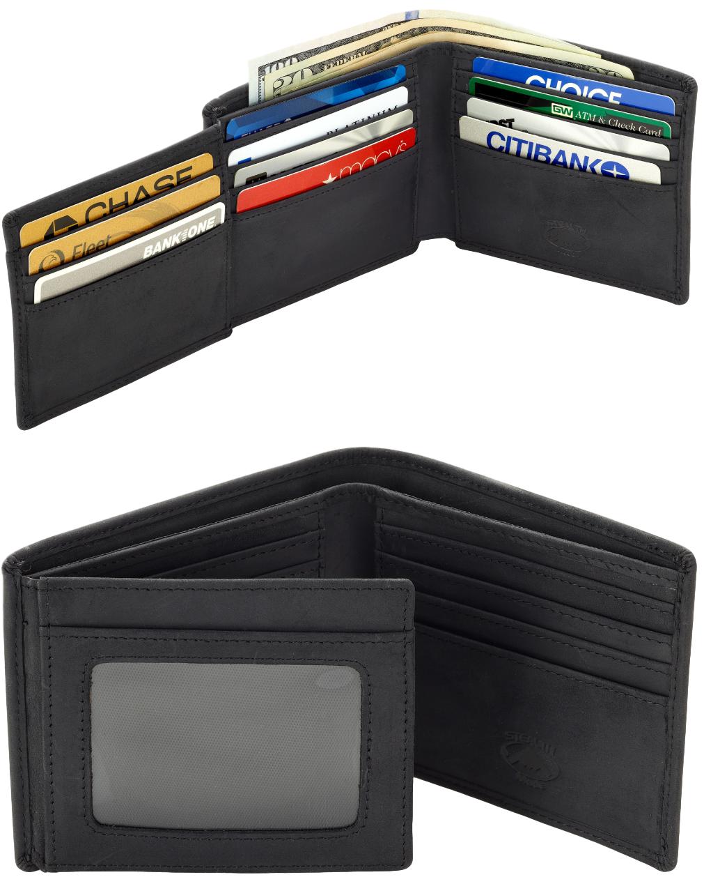 Mens Black Leather RFID Wallet With Flip Out ID Window and 12 Card Slots