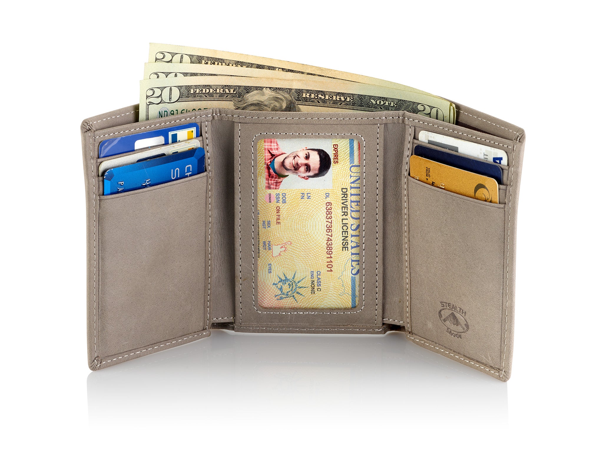Grey Trifold Leather Wallet With RFID Blocking and ID Window