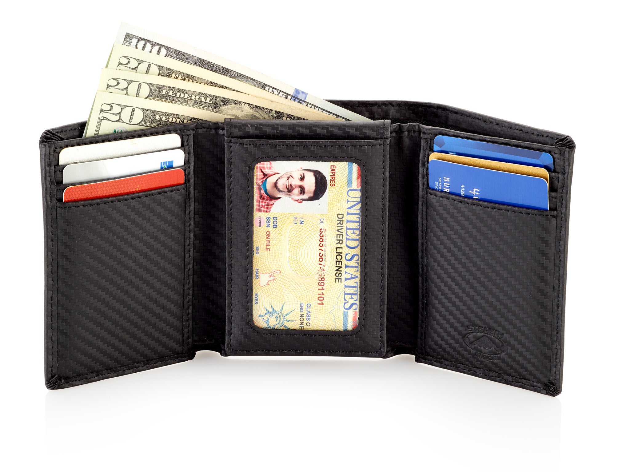Trifold Leather Wallet for Men with ID Holder and RFID Blocking (Carbon Fiber)