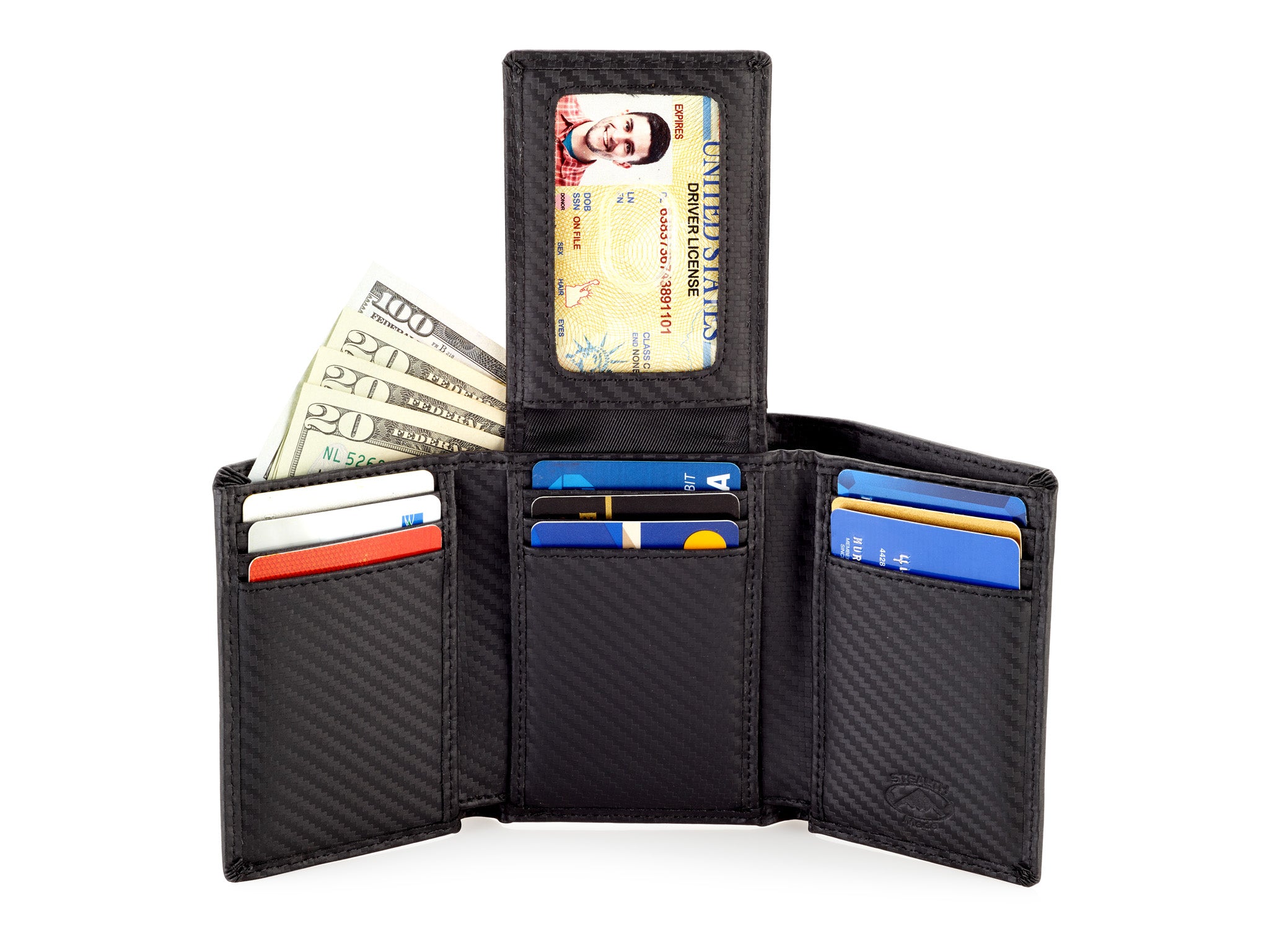 Trifold Leather Wallet for Men with ID Holder and RFID Blocking (Carbon Fiber)