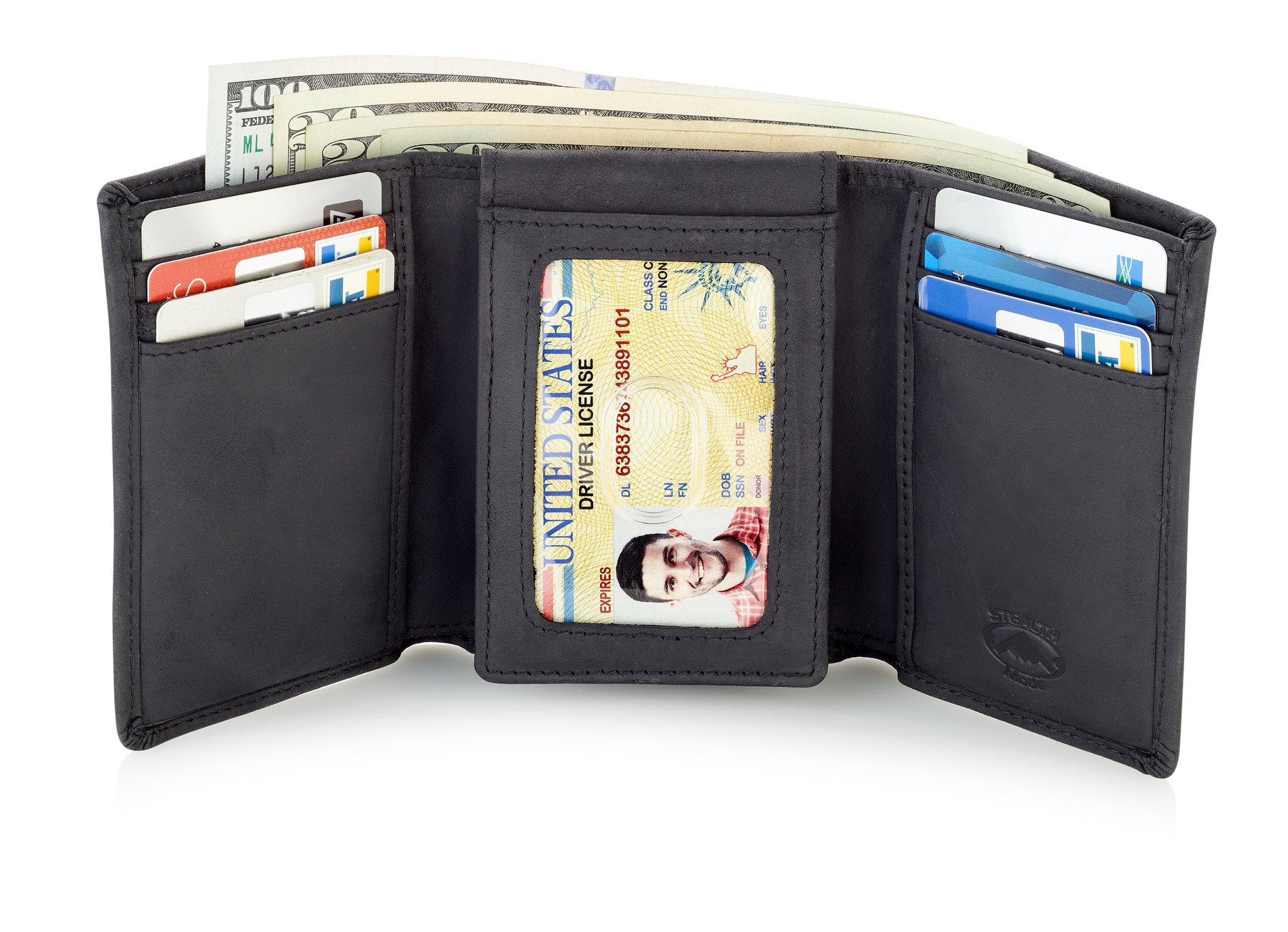 Trifold Leather Wallet for Men with ID Holder and RFID Blocking (Black)